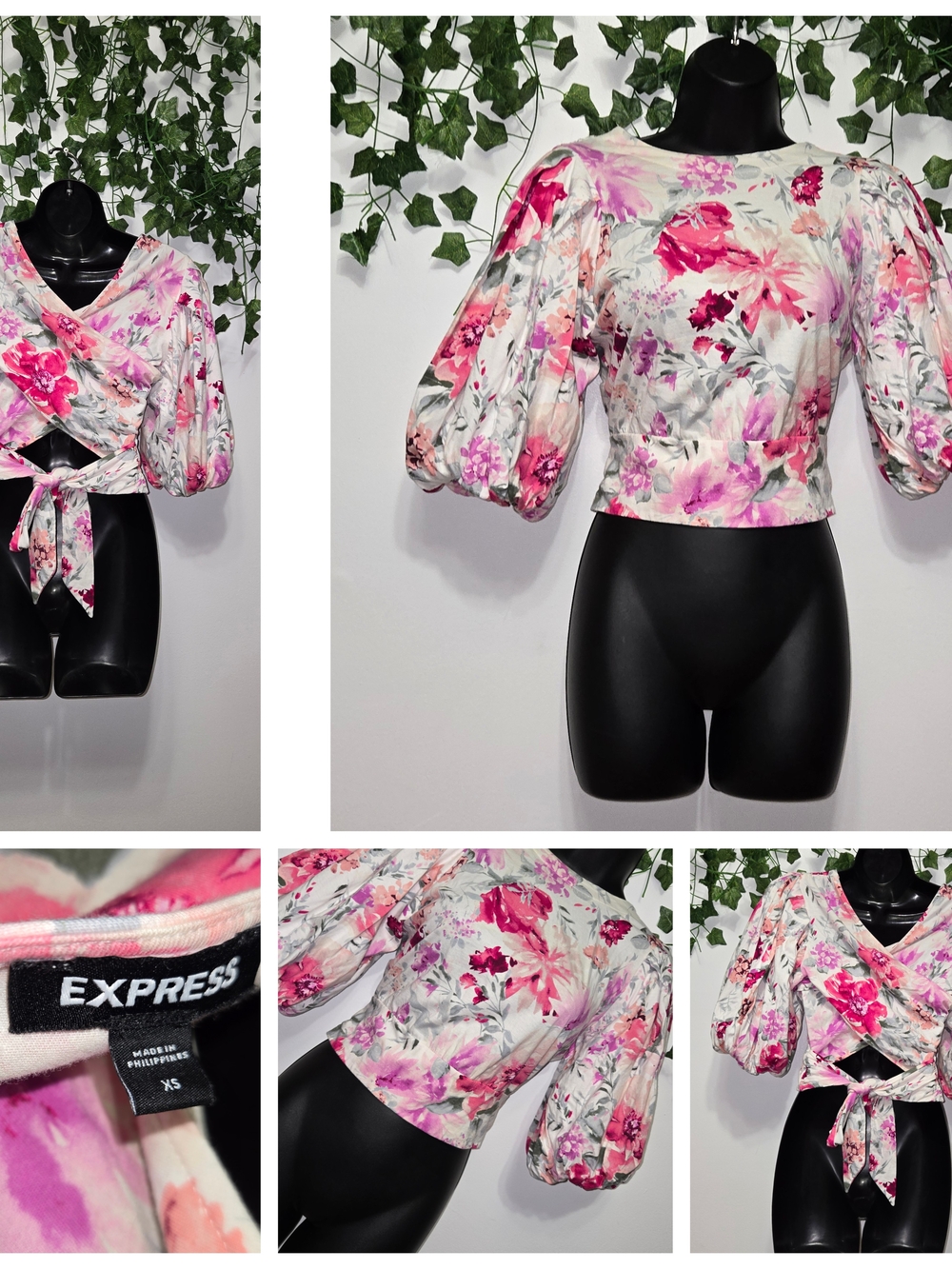 Express Pink Floral Puff-Sleeve Crop Top